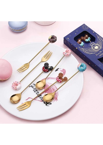 C01-2PCS Set 4/2pcs Paslanmaz Çelik Donuts Şeker Kaşık Çatallar Mutfak Sofra Süt Kahve Karıştırma Kaşıkları Tatlı Kek Araçları Çatal Bıçak Takımı Seti (Yurt Dışından)