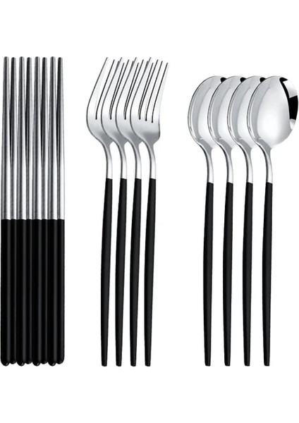 12 Adet Blacksilver Altın Çatal Seti Kore Paslanmaz Çelik Sofra Seti Çatal Kaşık ve Yemek Çubukları Seti Altın Yemek Takımı Seti Lüks Sofra Seti (Yurt Dışından)