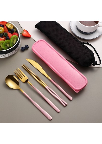 Altın Pembe-4 Adet 4 Adet Set Taşınabilir Çatal Seti Sofra Seti Kamp Yemek Takımı Seti Paslanmaz Çelik Bıçak Çatal Kaşık Seti Seyahat Sofra Takımı Kutusu ile (Yurt Dışından)