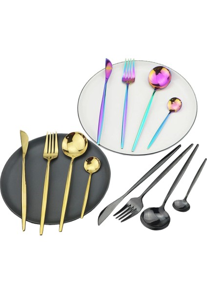 Siyah Çay Kaşığı Yemek Takımı Seti Mor Sofra Yemek Takımı Paslanmaz Çelik Çatal Bıçak Kaşık Seti Bıçak Çatal Kahve Kaşığı Gümüş Seti Ev Sofra Takımı Seti (Yurt Dışından)