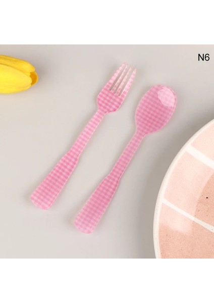 N6 2 Adet/takım Fransız Tarzı Retro Ekose Tatlı Kaşığı Çatal Plastik Çay Kahve Karıştırma Kaşığı Vintage Içecek Sofra Çay Kaşığı (Yurt Dışından)