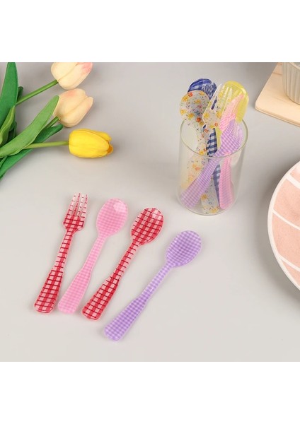 N6 2 Adet/takım Fransız Tarzı Retro Ekose Tatlı Kaşığı Çatal Plastik Çay Kahve Karıştırma Kaşığı Vintage Içecek Sofra Çay Kaşığı (Yurt Dışından) modelleri