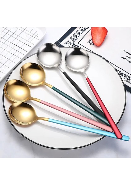 B02 Ev Yuvarlak Çorba Kaşığı Yemek Çatalı Kaşık Yaratıcı Dondurma Tatlı Kaşığı Çatal Uzun Saplı Kore Bibimbap Kaşık (Yurt Dışından) modelleri