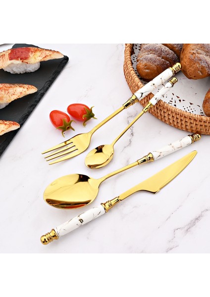 6 Adet Kek Çatalı Beyaz Altın Lüks Yemek Takımı Çatal Bıçak Kaşık Seti Seramik Tam Sofra Takımı Paslanmaz Çelik Bıçak Kek Çatalı Kaşık Seti Mutfak Sofra Hediye (Yurt Dışından) indirimleri