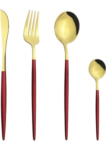 4 Adet Kırmızı Altın Bıçak Kek Çatal Çay Kaşığı Çatal Bıçak Kaşık Seti Ayna Renkli Yemek Takımı Seti Paslanmaz Çelik Gümüş Seti Mutfak Yemeği Sofra Seti (Yurt Dışından)