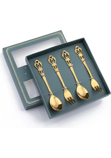 4PCS-E06 4pcs Altın Çatal Seti Donuts Şeker Kaşık Çatal Çay Kaşığı Meyve Çatalı Süt Kahve Karıştırma Kaşık Tatlı Kek Araçları Çatal Hediye (Yurt Dışından)