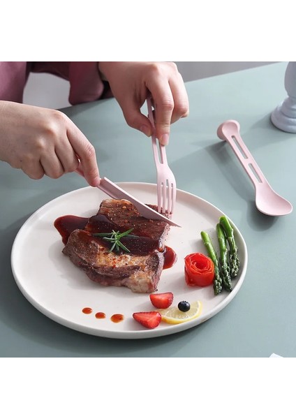 Pembe 3 Adet/takım 3 In 1 Seyahat Taşınabilir Çatal Bıçak Kaşık Seti Japonya Tarzı Buğday Samanı Bıçak Çatal Kaşık Öğrenci Yemek Takımı Setleri Mutfak Sofra (Yurt Dışından)
