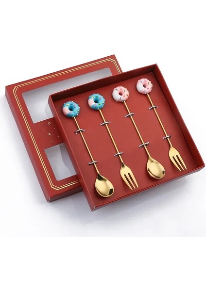 4PCS-A05 4pcs Altın Çatal Seti Donuts Şeker Kaşık Çatal Çay Kaşığı Meyve Çatal Süt Kahve Karıştırma Kaşık Tatlı Kek Araçları Çatal Hediye (Yurt Dışından)