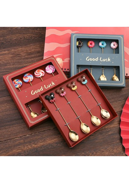4PCS-A05 4pcs Altın Çatal Seti Donuts Şeker Kaşık Çatal Çay Kaşığı Meyve Çatal Süt Kahve Karıştırma Kaşık Tatlı Kek Araçları Çatal Hediye (Yurt Dışından)