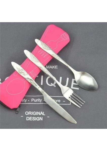 Pembe 3 Adet Set Yemek Takımı Taşınabilir Baskılı Paslanmaz Çelik Kaşık Çatal Biftek Bıçağı Seti Seyahat Çatal Sofra Çanta ile (Yurt Dışından)