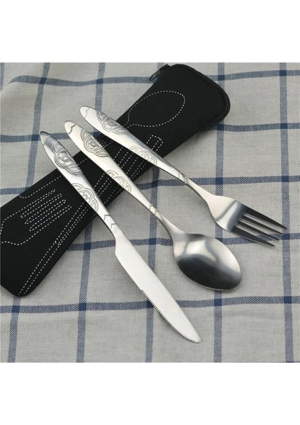 Pembe 3 Adet Set Yemek Takımı Taşınabilir Baskılı Paslanmaz Çelik Kaşık Çatal Biftek Bıçağı Seti Seyahat Çatal Sofra Çanta ile (Yurt Dışından)