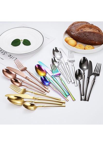 Gümüş 4 Parçalı Set 4 Adet Sofra Seti Paslanmaz Çelik Yemek Bıçak Çatal Kaşık Altın Akşam Yemeği Sofra Takımı Mutfak Batı Çatal Bıçak Kaşık Seti Düğün Hediye Kutusu (Yurt Dışından)