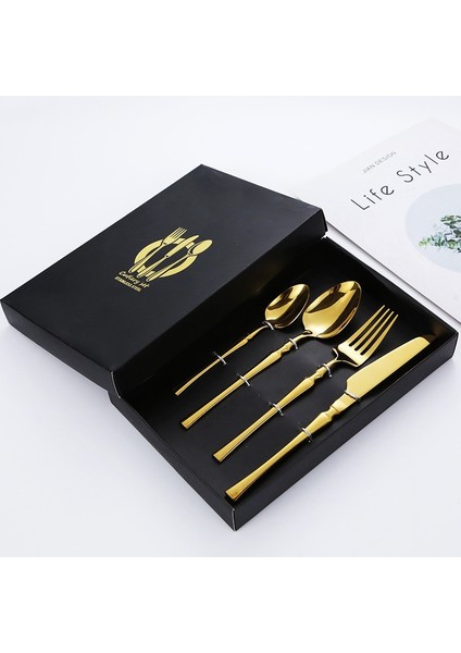 Gümüş 4 Parçalı Set 4 Adet Sofra Seti Paslanmaz Çelik Yemek Bıçak Çatal Kaşık Altın Akşam Yemeği Sofra Takımı Mutfak Batı Çatal Bıçak Kaşık Seti Düğün Hediye Kutusu (Yurt Dışından)