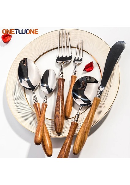 Çay Kaşığı High-End Ahşap Saplı Sofra Seti, 304 Paslanmaz Çelik Metal Kafa, Kolay Temizlenebilir, Biftek Çatal Bıçak Takımı (Yurt Dışından)