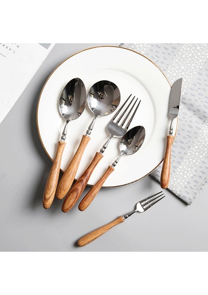 Çay Kaşığı High-End Ahşap Saplı Sofra Seti, 304 Paslanmaz Çelik Metal Kafa, Kolay Temizlenebilir, Biftek Çatal Bıçak Takımı (Yurt Dışından)