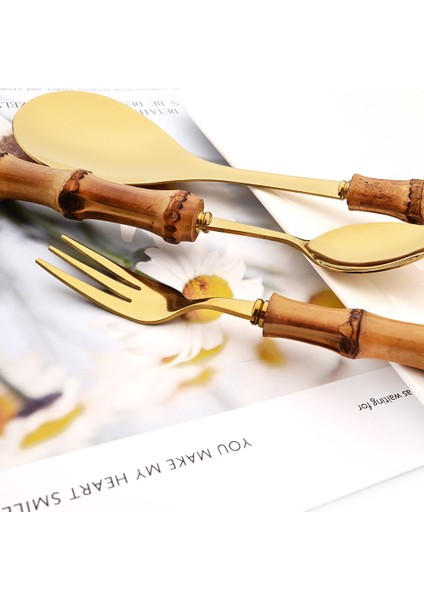 4 Adet Çay Kaşığı Drmfiy 4/20 Adet Doğal Bambu Saplı Gümüş Yemek Takımı Seti Paslanmaz Çelik Çatal Seti Mutfak Bıçağı Çatal Kaşık Sofra Seti (Yurt Dışından)