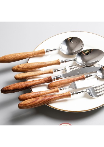 Meyve Çatalı Konco Ahşap Yemek Takımı Seti, Paslanmaz Çelik Çatal Bıçak Kaşık Seti Bıçak Çatal Kaşık Sofra Takımı Seti Bulaşık Makinesinde Yıkanabilir Çatal Bıçak Kaşık Seti (Yurt Dışından)