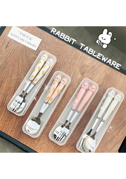 Pembe Set Bir Çatal Bıçak Takımı Karikatür Tavşan Kaşık Çatal Çubuklarını Setleri Taşınabilir Öğle Yemeği Sofra Paslanmaz Çelik Seyahat Yemek Takımı Mutfak Malzemeleri (Yurt Dışından)