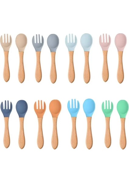 09 Sofra Bebek Kaşık Çatal Seti Çocuk Silikon Ahşap Besleme Eğitimi Bebek Alet Yemek Takımı Çatal Bebek Besleme Malzemeleri (Yurt Dışından)