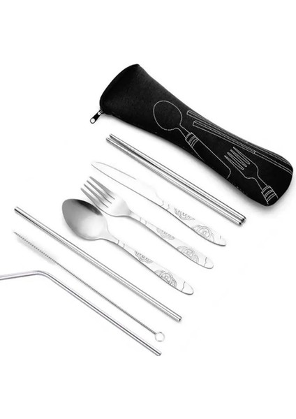 Yeşil 7 Adet Set Yemek Takımı Taşınabilir Baskılı Paslanmaz Çelik Kaşık Çatal Biftek Bıçağı Seti Seyahat Çatal Sofra Çanta ile SN4331 (Yurt Dışından)