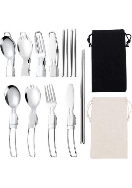 4pcs-Set 304 Paslanmaz Çelik Katlanır Kaşık Spork Açık Sofra Açık Kamp Tencere Hafif Katlanmış Sofra Takımı Piknik (Yurt Dışından)