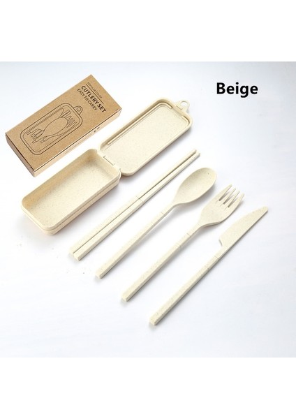 Bej 4 Adet Taşınabilir Sofra Seti Buğday Samanı Yemek Takımı Ayrılabilir Çatal Bıçak Takımı Seyahat Sofra Piknik Yemek Takımı Seti Kamp Çatal Bıçak Kaşık Seti (Yurt Dışından)