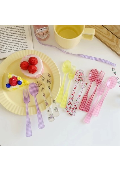 Sarı Flora Kore Japon Ins Plastik Çatal Kaşık Şerit Kafes Kırık Akrilik Çatal Kaşık Simülasyon Sofra Plastik Fotoğraf Prop (Yurt Dışından) fiyatları