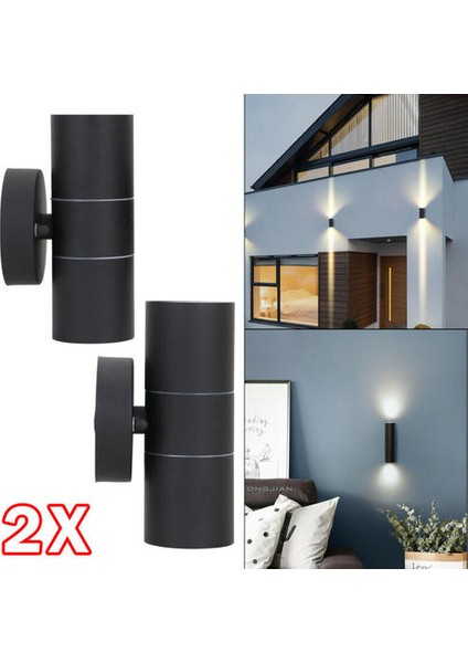 2x Siyah Paslanmaz Çelik Yukarı Duvar Işığı GU10 IP54 Çift LED (Yurt Dışından)