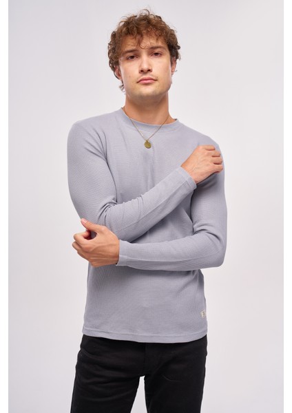 John Borners Erkek Bisiklet Yaka Sweatshirt Açık Haki Slimfit Esnek Waffle Kumaş Dokulu - 5073-2