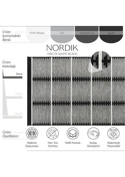 Nordik Nrk 01 White Black Çift Taraflı Pamuklu Banyo Balkon Kilimi Makinede Yıkanabilir Mutfak Kilim