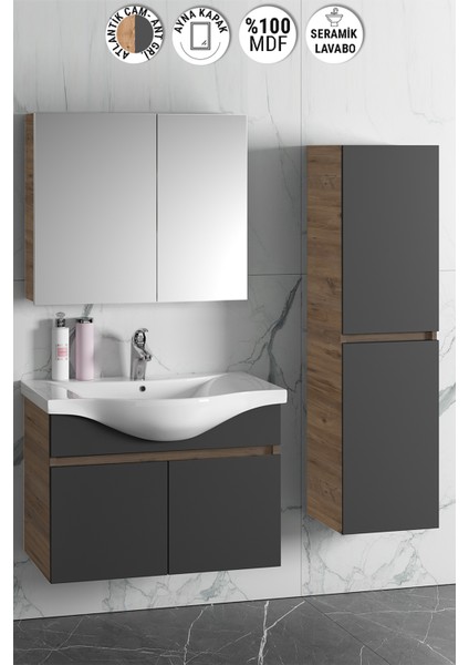 Yıldız 80+35 cm Atlantik Çam-Antrasit Gri Mat Mdf Seramik Lavabolu Asma Banyo Dolabı Takımı
