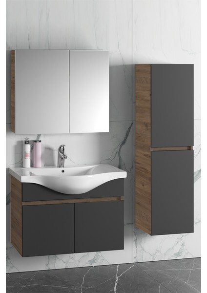 Yıldız 80+35 cm Atlantik Çam-Antrasit Gri Mat Mdf Seramik Lavabolu Asma Banyo Dolabı Takımı fiyatları