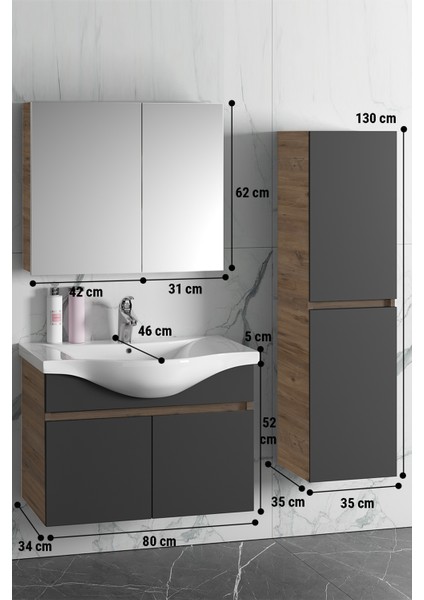 Yıldız 80+35 cm Atlantik Çam-Antrasit Gri Mat Mdf Seramik Lavabolu Asma Banyo Dolabı Takımı indirimleri