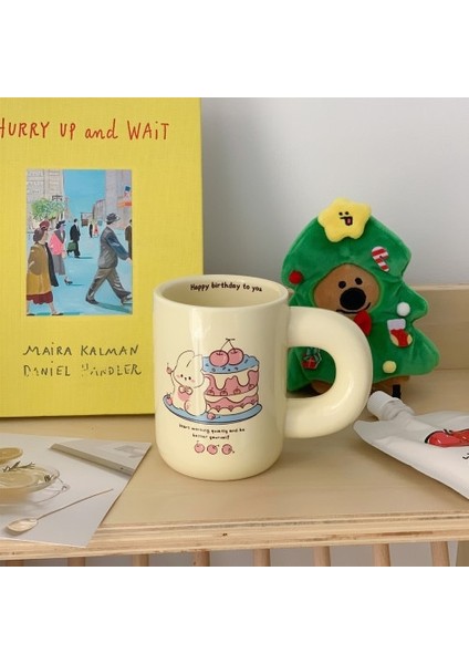 Tavşan Doğum Günü Kupası 300 ml Kremalı Sevimli Tavşan Doğum Günü Mutlu Fincan Kore Tombul Kolu Seramik Kupa Kız Kalp Süt Kahve Fincanı Kızlar Için Noel Hediyesi (Yurt Dışından)