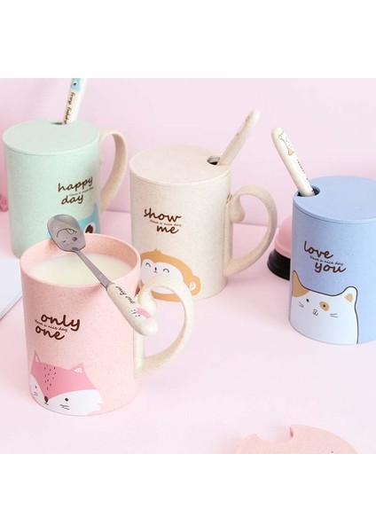 Pembe Rastgele Hayvan Sıcak Satış 450 ml Karikatür Buğday Hayvan Kapaklı Kupa Kaşık Süt Kahve Kupa Çay Süt Seyahat Fincan Büyük Kapasiteli Çocuklar Fincan Güzel Hediye (Yurt Dışından)