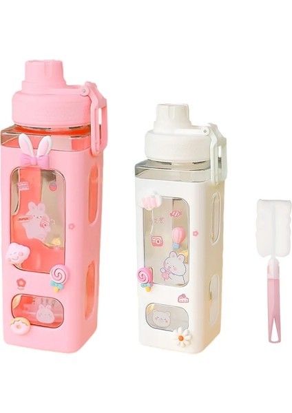 Beyaz Su Şişesi 900 ml 700/900 ml Kawaii Su Pipetli Şişe 3D Sevimli Ayı Etiket Bpa Ücretsiz Plastik Kare Damlatmaz Bardak Poratable Drinkware (Yurt Dışından)