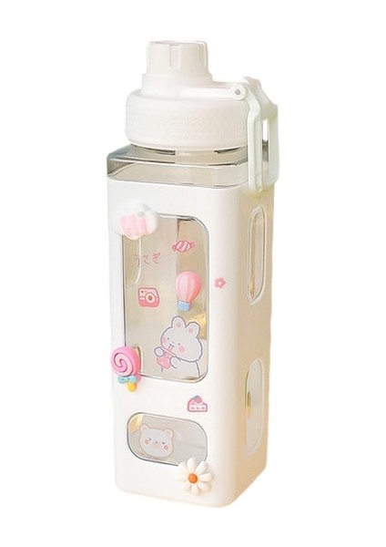 Beyaz Su Şişesi 900 ml 700/900 ml Kawaii Su Pipetli Şişe 3D Sevimli Ayı Etiket Bpa Ücretsiz Plastik Kare Damlatmaz Bardak Poratable Drinkware (Yurt Dışından)