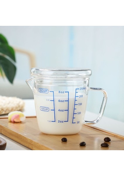 250ML Kapaklı Ölçme Kabı 250/500ML Premium Şeffaf Dereceli Cam Milmeask Bardak Dekantör Ağzı Mutfak Aracı Pişirme Cam Ölçme Kapaklı Bardak (Yurt Dışından)
