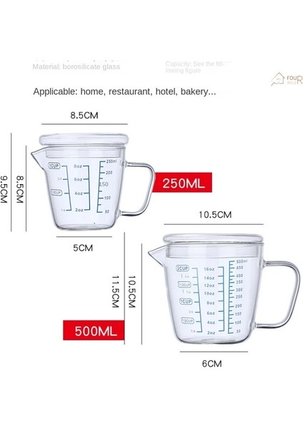 250ML Kapaklı Ölçme Kabı 250/500ML Premium Şeffaf Dereceli Cam Milmeask Bardak Dekantör Ağzı Mutfak Aracı Pişirme Cam Ölçme Kapaklı Bardak (Yurt Dışından)