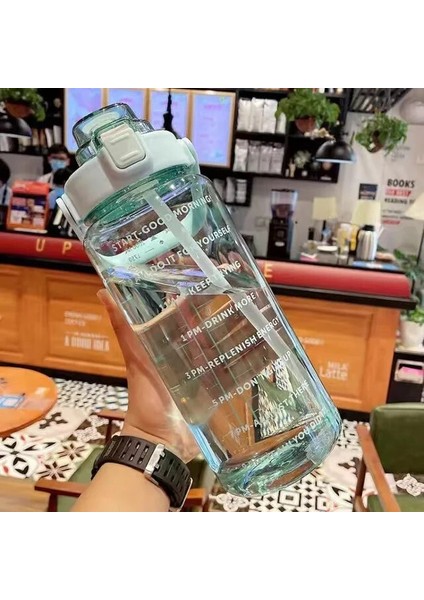 Yeşil 2l 2 Litre Samanlı Su Şişesi Açık Spor Içme Şişeleri Zaman Işaretleyici ile Büyük Kapasiteli Açık Fincan Spor Su Şişesi (Yurt Dışından)