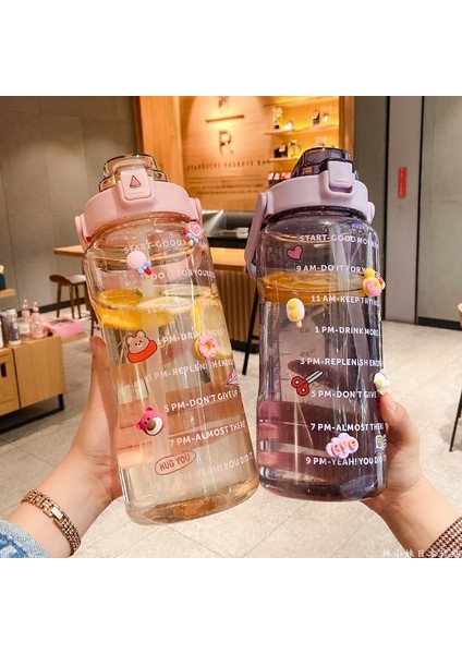 Mor 2000 ml 2000 ml Büyük Kapasiteli Su Şişesi Ölçekli ve Saman Erkekler Kadınlar Için Açık Taşınabilir Plastik Su Şişesi Spor Su Şişesi (Yurt Dışından)