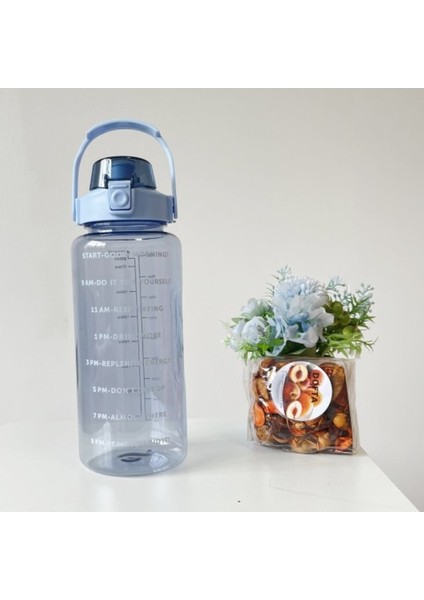 Mavi 2l 2 Litre Su Şişesi Zaman Işaretli Yeniden Kullanılabilir Açık Havada Spor Içme Şişesi Taşınabilir Plastik Bardaklar Samanlı Yüksek Kapasiteli (Yurt Dışından)