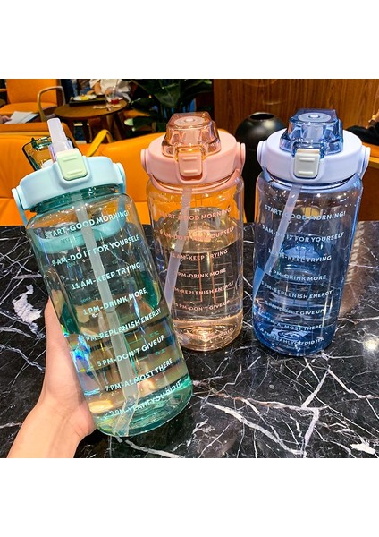 Mavi 2l 2 Litre Su Şişesi Zaman Işaretli Yeniden Kullanılabilir Açık Havada Spor Içme Şişesi Taşınabilir Plastik Bardaklar Samanlı Yüksek Kapasiteli (Yurt Dışından)