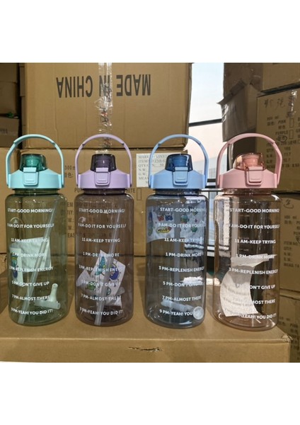 Mavi 2l 2 Litre Su Şişesi Zaman Işaretli Yeniden Kullanılabilir Açık Havada Spor Içme Şişesi Taşınabilir Plastik Bardaklar Samanlı Yüksek Kapasiteli (Yurt Dışından)