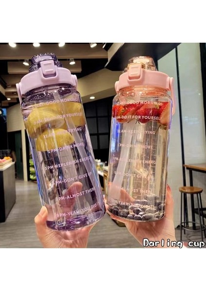 Mavi 2l 2 Litre Su Şişesi Zaman Işaretli Yeniden Kullanılabilir Açık Havada Spor Içme Şişesi Taşınabilir Plastik Bardaklar Samanlı Yüksek Kapasiteli (Yurt Dışından)