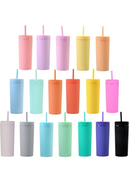 01 450ML 16OZ Çift Katmanlı Plastik Buzlu Su Bardağı 450ML Renkli Mat Su Şişesi Samanlı ve Kapaklı Kahve Fincanı Kupa Tumbler Hediyeler (Yurt Dışından)