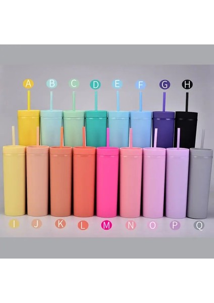 01 450ML 16OZ Çift Katmanlı Plastik Buzlu Su Bardağı 450ML Renkli Mat Su Şişesi Samanlı ve Kapaklı Kahve Fincanı Kupa Tumbler Hediyeler (Yurt Dışından)