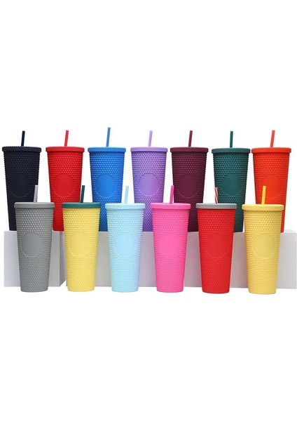 Stil-A 550ML 710ML Çift Katmanlı Kahve Fincanı Samanlı Kapaklı Elektroliz Durian Fincan 24OZ Elmas Kravat Glitter Fincan Soğuk Içecek Bardak Şişe (Yurt Dışından) indirimleri
