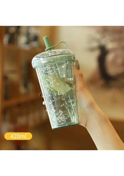 Yeşil 320 ml Ins Kabarcık Çay Bardağı Taşınabilir Samanlı Bardak Plastik Kahve Fincanları Kapaklı Şeffaf Su Şişesi (Yurt Dışından)