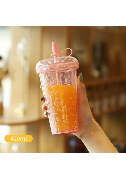 Yeşil 320 ml Ins Kabarcık Çay Bardağı Taşınabilir Samanlı Bardak Plastik Kahve Fincanları Kapaklı Şeffaf Su Şişesi (Yurt Dışından)